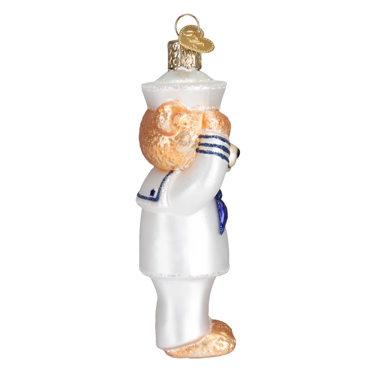 Mellow Monkey Navy Bear blown glass ornament wearing a white sailor uniform and saluting, side profile view.