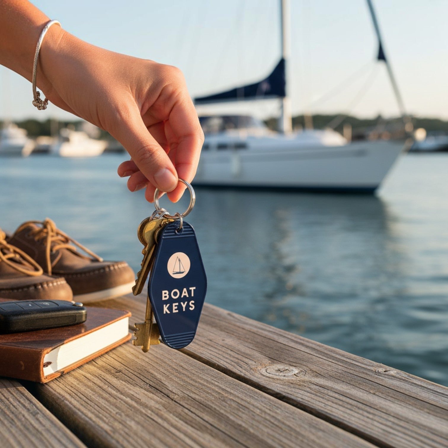 Mellow Monkey navy blue retro motel-style Boat Keys keychain held over a wooden dock with a sailboat in the background