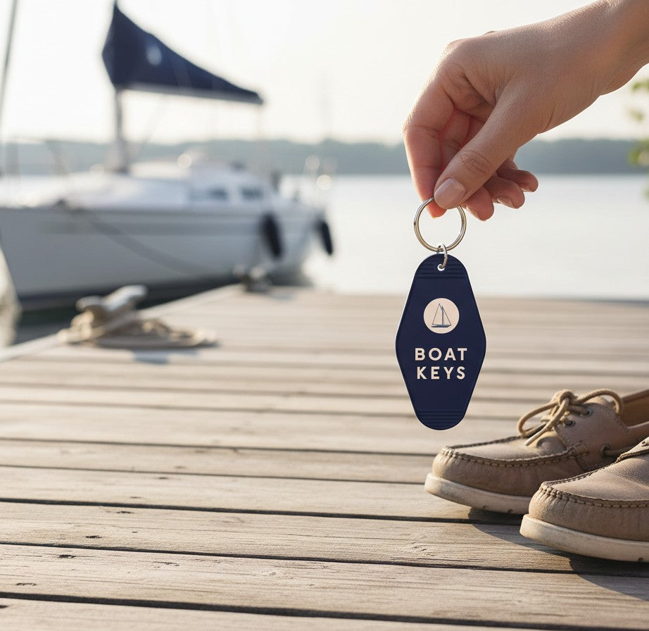 Mellow Monkey navy blue retro motel-style Boat Keys keychain held over a wooden dock with a sailboat in the background.