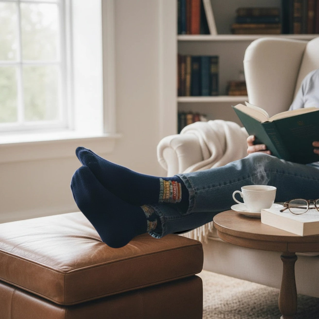 Mellow Monkey navy blue novelty socks with book-themed design worn by a person reading in a cozy armchair