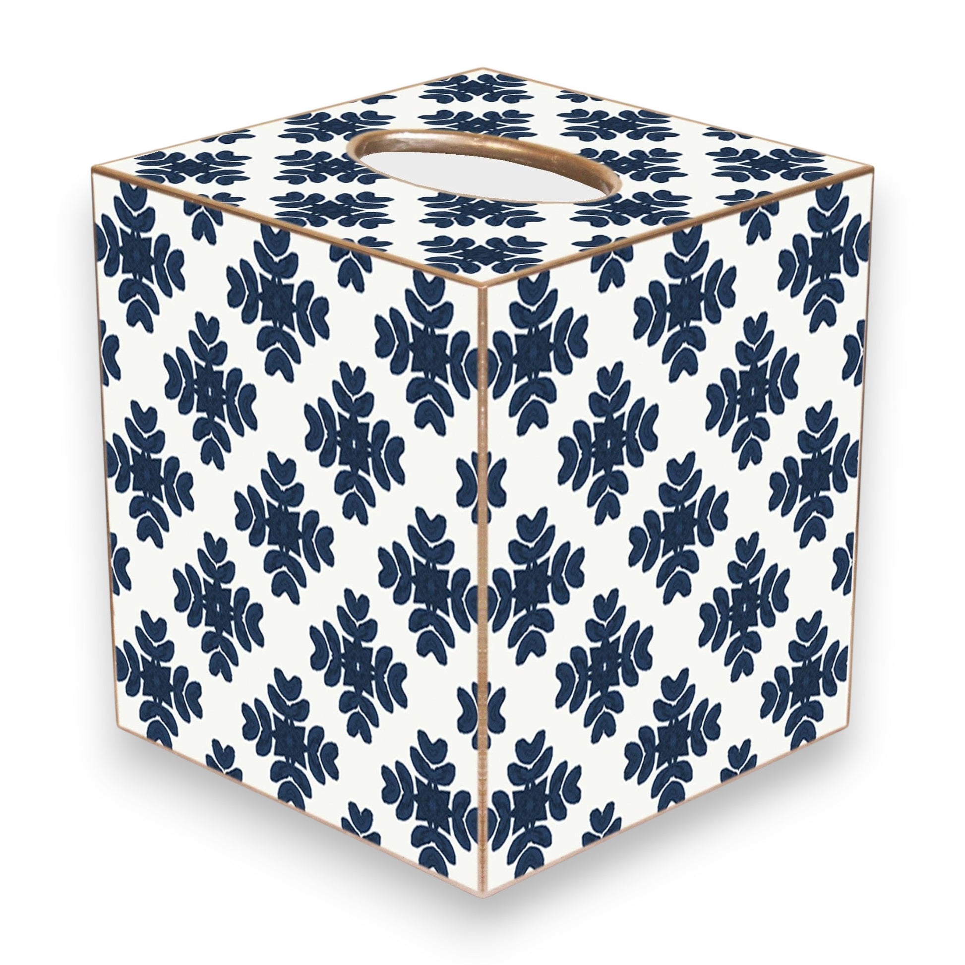 Mellow Monkey handmade paper mache tissue box cover with navy blue brushstroke pattern and metallic gold edges.