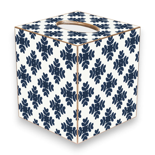 Mellow Monkey handmade paper mache tissue box cover with navy blue brushstroke pattern and metallic gold edges.