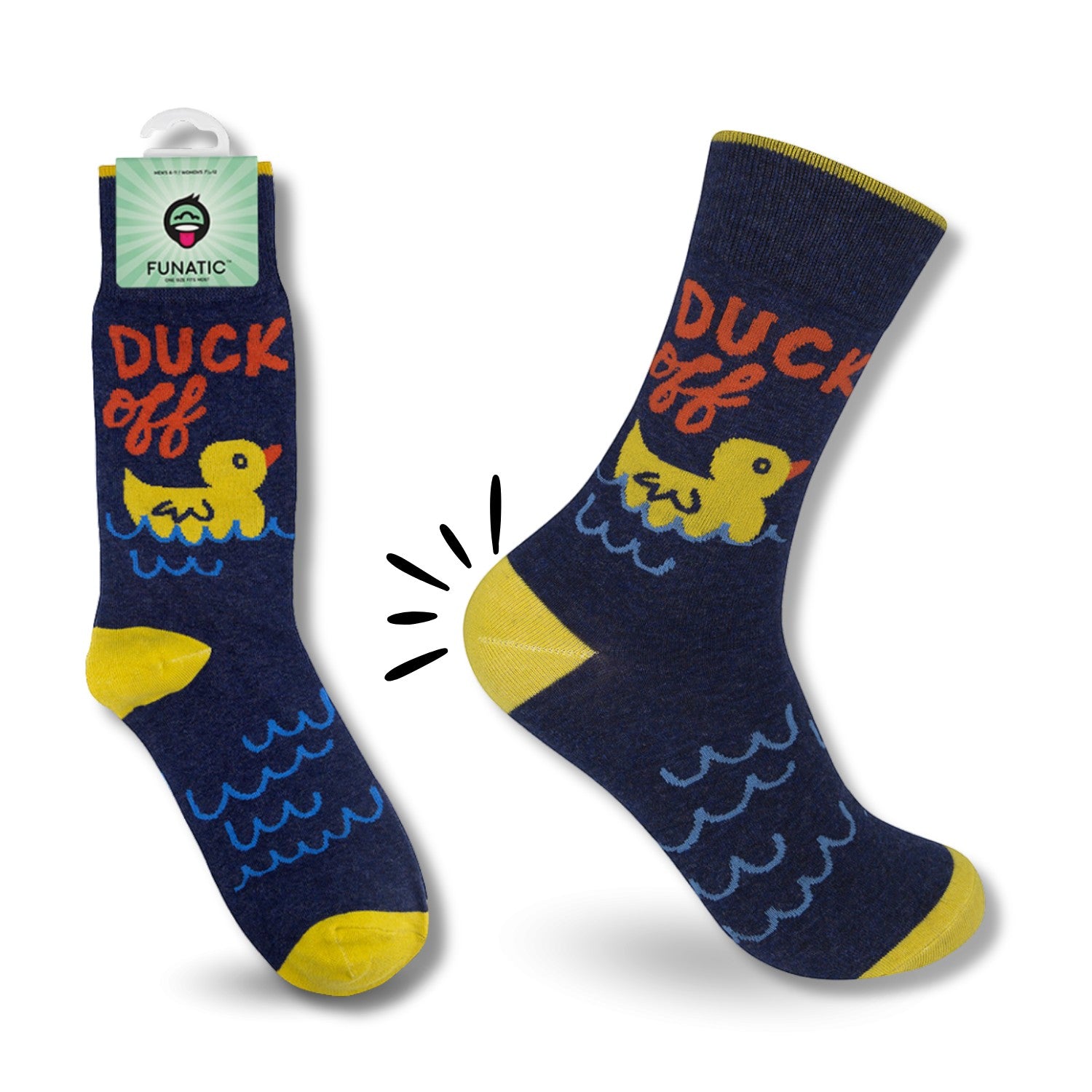 Mellow Monkey navy blue crew socks featuring a yellow duck, orange Duck Off text, and yellow heel and toe details.