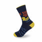 Mellow Monkey navy crew socks featuring a yellow duck, orange Duck Off text, and yellow heel and toe accents.