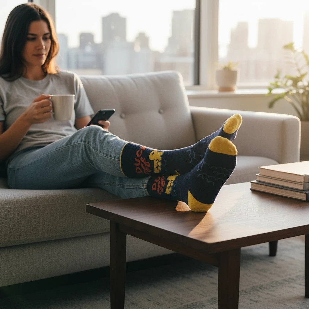 Mellow Monkey navy crew socks featuring a yellow duck and Duck Off text, worn by a woman relaxing on a sofa.