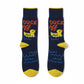 Mellow Monkey navy crew socks featuring a yellow duck, water waves, and the text Duck Off in orange