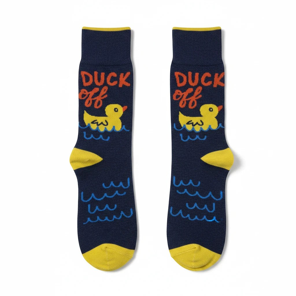 Mellow Monkey navy crew socks featuring a yellow duck, water waves, and the text Duck Off in orange