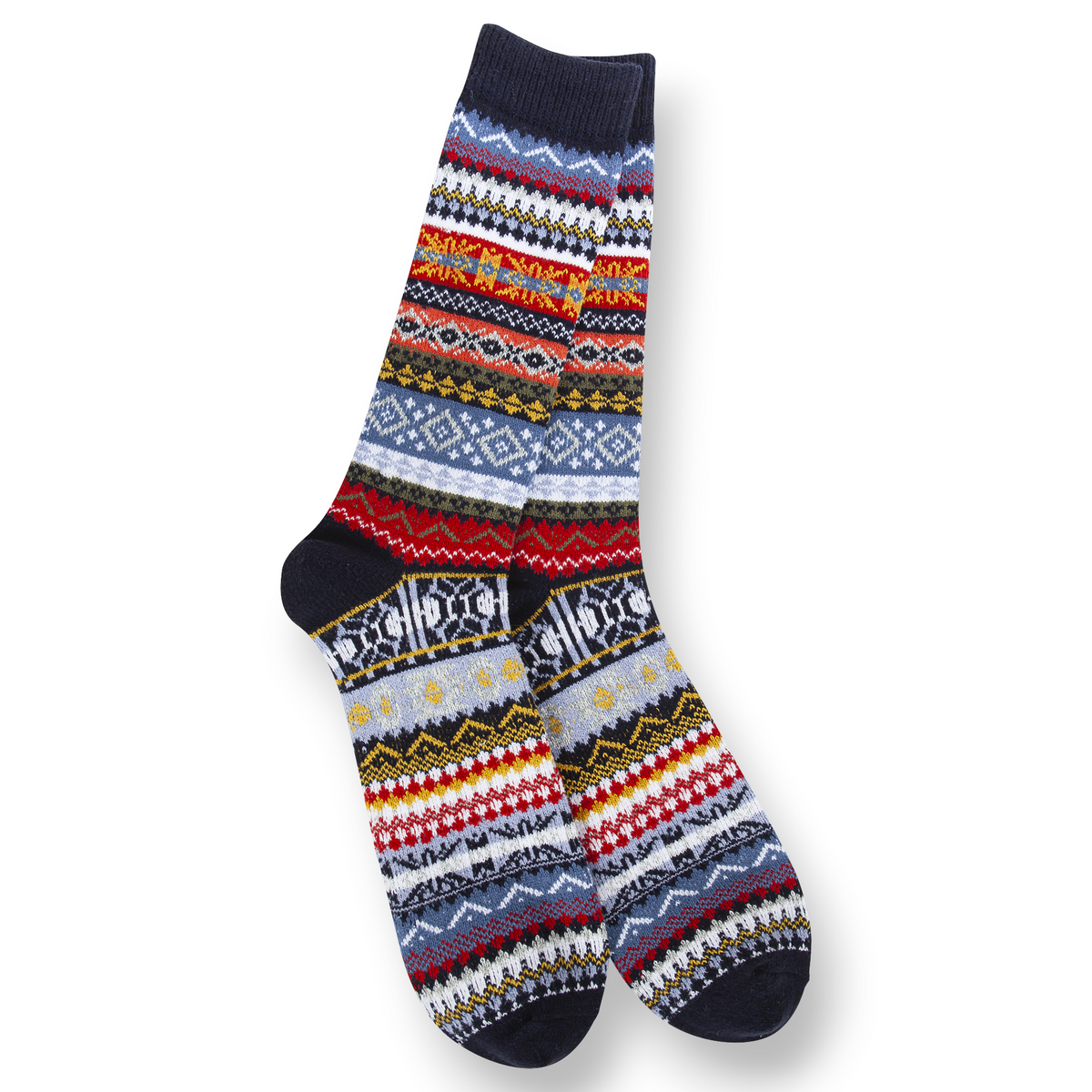 Mellow Monkey navy multi-colored crew socks from the 1902 Collection featuring a traditional fair isle pattern.