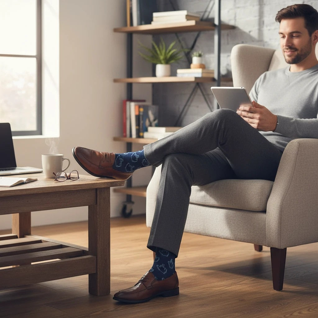 Mellow Monkey navy socks with pixelated middle finger pattern worn by a man in a home office setting.