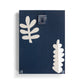 Mellow Monkey navy blue acrylic wall art with white abstract leaf designs and a keyhole hanger.