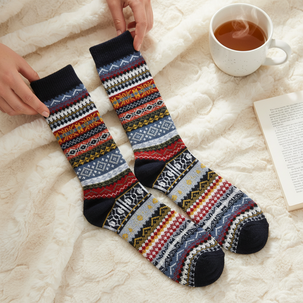 Mellow Monkey navy multi-colored patterned crew socks with a cozy fair isle design on a soft white blanket