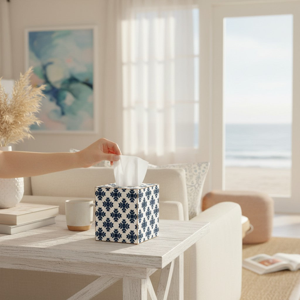 Mellow Monkey navy and white patterned paper mache tissue box cover on a white table in a coastal living room.