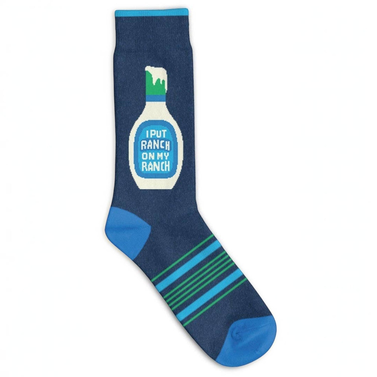 Mellow Monkey navy blue crew socks featuring a ranch dressing bottle graphic and the text I Put Ranch On My Ranch