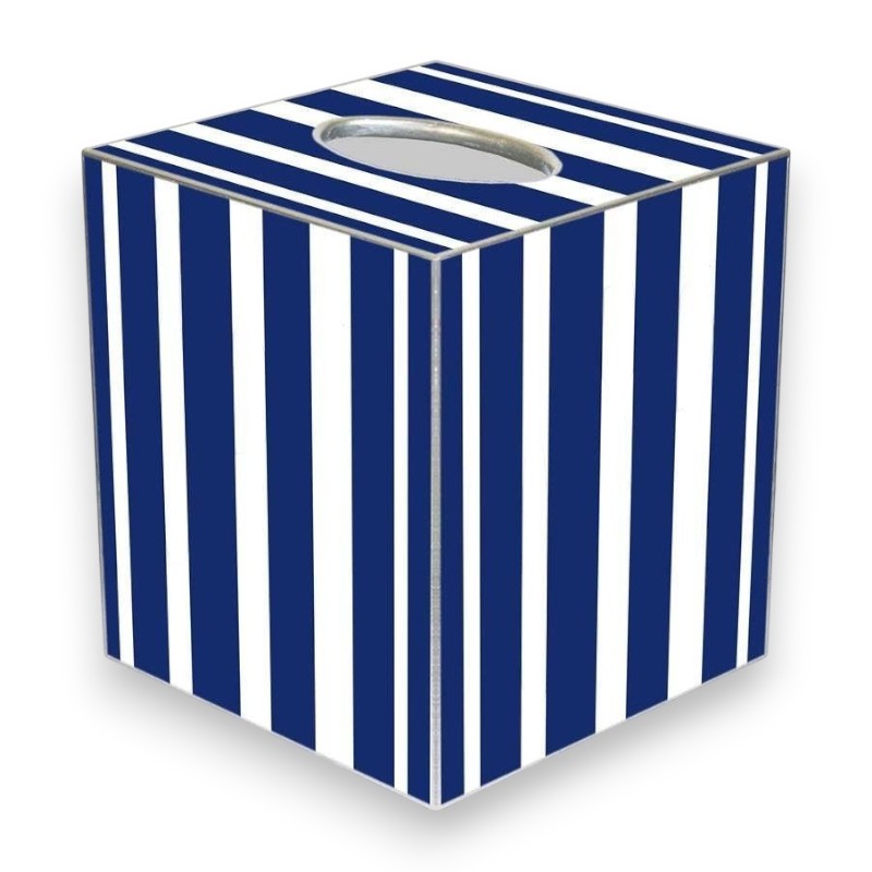 Mellow Monkey navy and white striped paper mache tissue box cover with metallic silver painted edges.