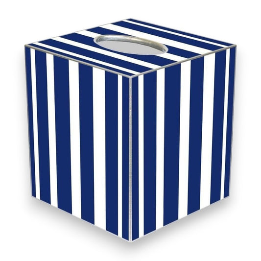 Mellow Monkey navy and white striped paper mache tissue box cover with metallic silver painted edges.