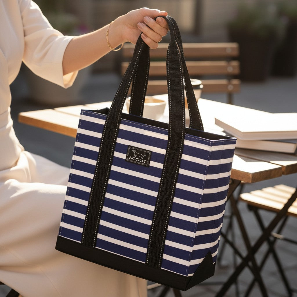 Mellow Monkey Original Deano Small tote bag in navy and white stripes with black heavy-duty straps and structured base