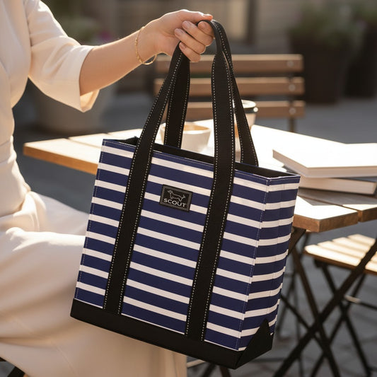 Mellow Monkey Original Deano Small tote bag in navy and white stripes with black heavy-duty straps and structured base