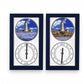 Mellow Monkey navy blue wood framed tide clock with Boston Light image and tide indicator dial.