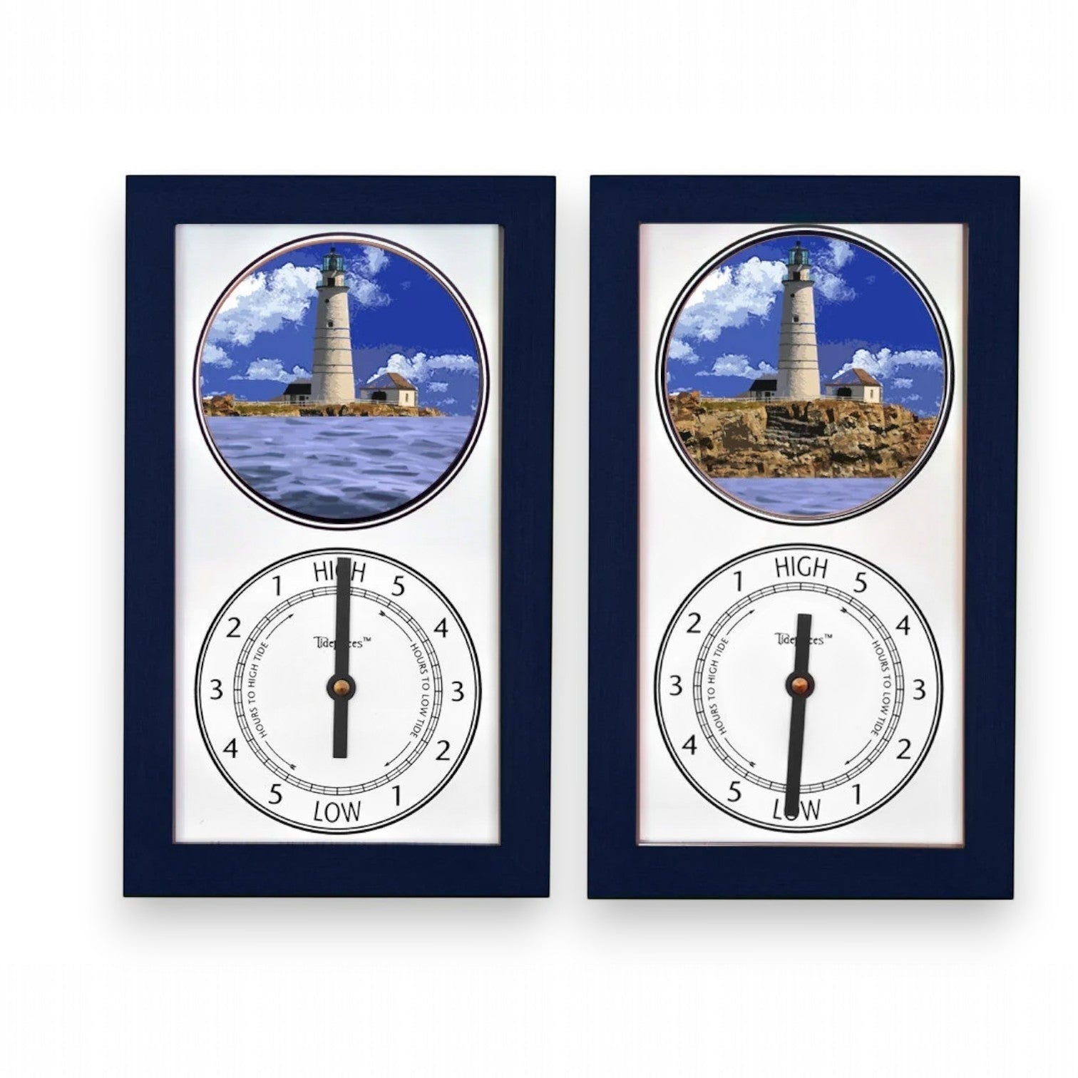 Mellow Monkey navy blue wood framed tide clock with Boston Light image and tide indicator dial.