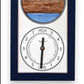 Mellow Monkey navy blue wood framed tide clock featuring Marshall Point Lighthouse image and a dual-faced dial showing hours to high and low tide.