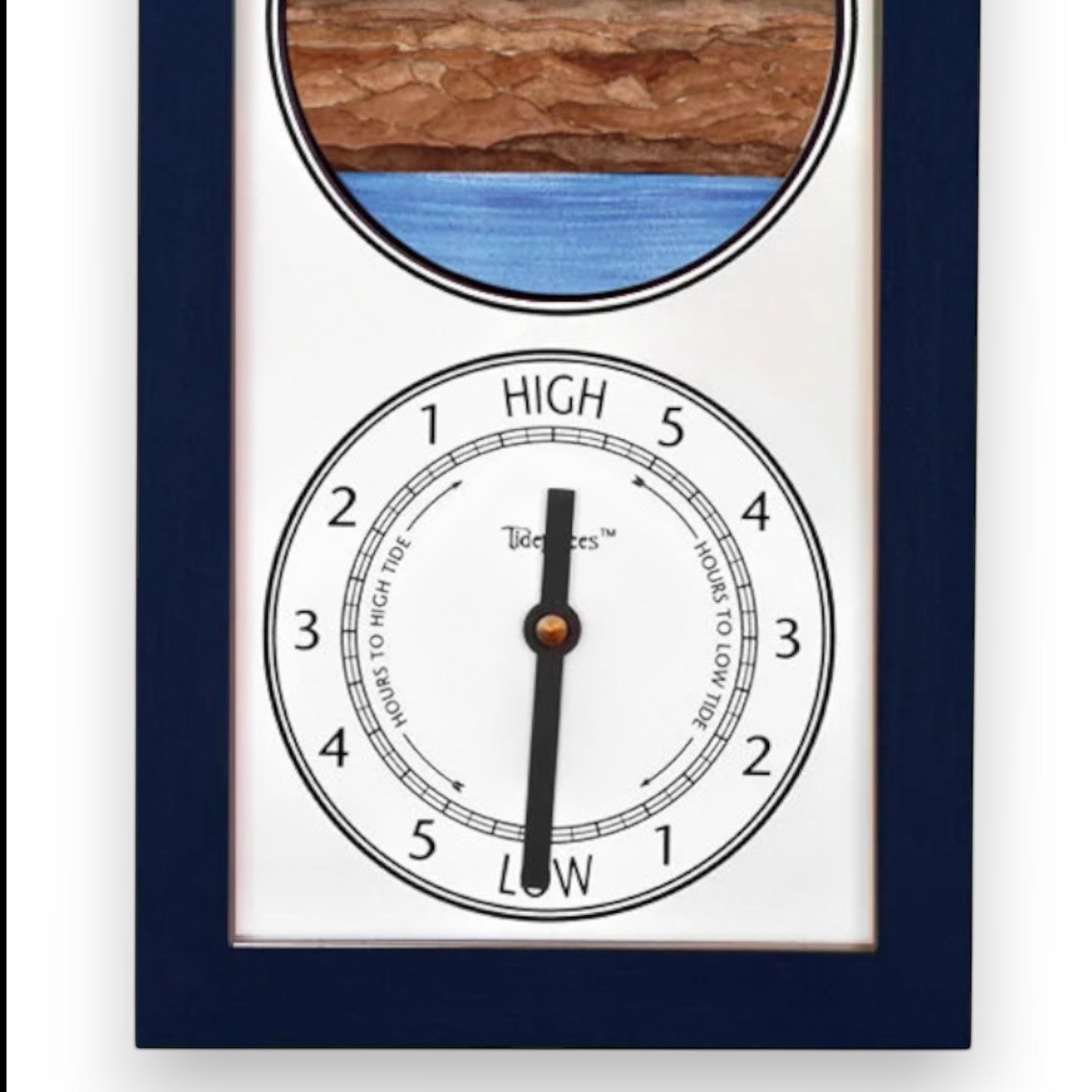 Mellow Monkey navy blue wood framed tide clock featuring Marshall Point Lighthouse image and a dual-faced dial showing hours to high and low tide.