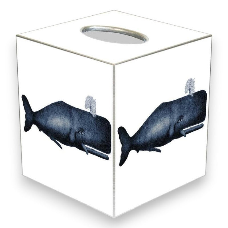 Mellow Monkey handmade papier mache tissue box cover featuring a vintage navy whale illustration and gold-painted edges.