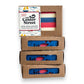 Mellow Monkey New Englander handmade soap bar with red, white, and blue stripes. Coastal-inspired packaging.