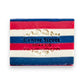 Mellow Monkey New Englander handmade soap bar with red, white, and blue stripes and a lobster cutout.