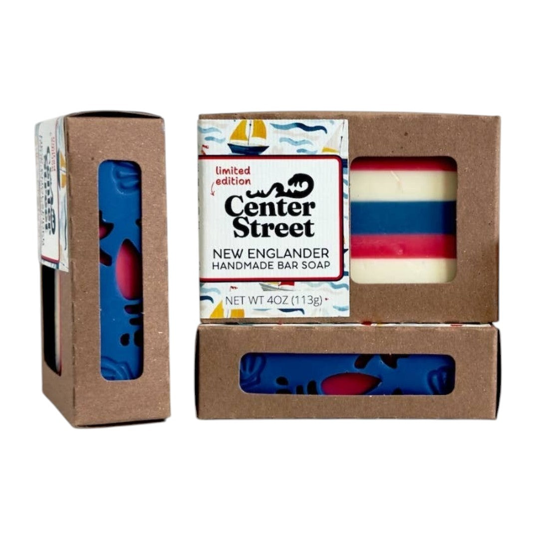 Mellow Monkey New Englander handmade soap bar with red, white, and blue stripes. 4 oz.