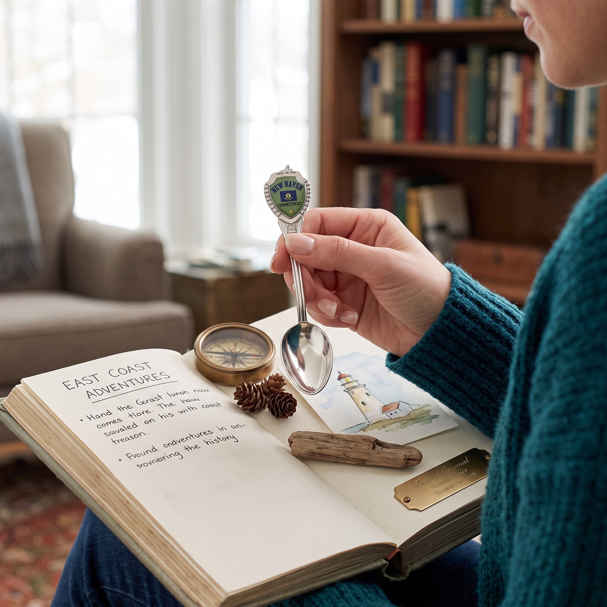 Mellow Monkey silver-tone New Haven Connecticut souvenir spoon held over an open travel journal with a compass.
