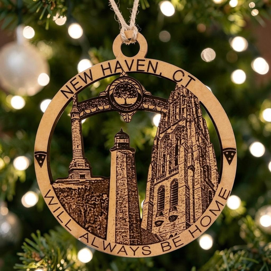 Mellow Monkey wooden ornament featuring New Haven landmarks like Harkness Tower and a lighthouse with pizza accents.