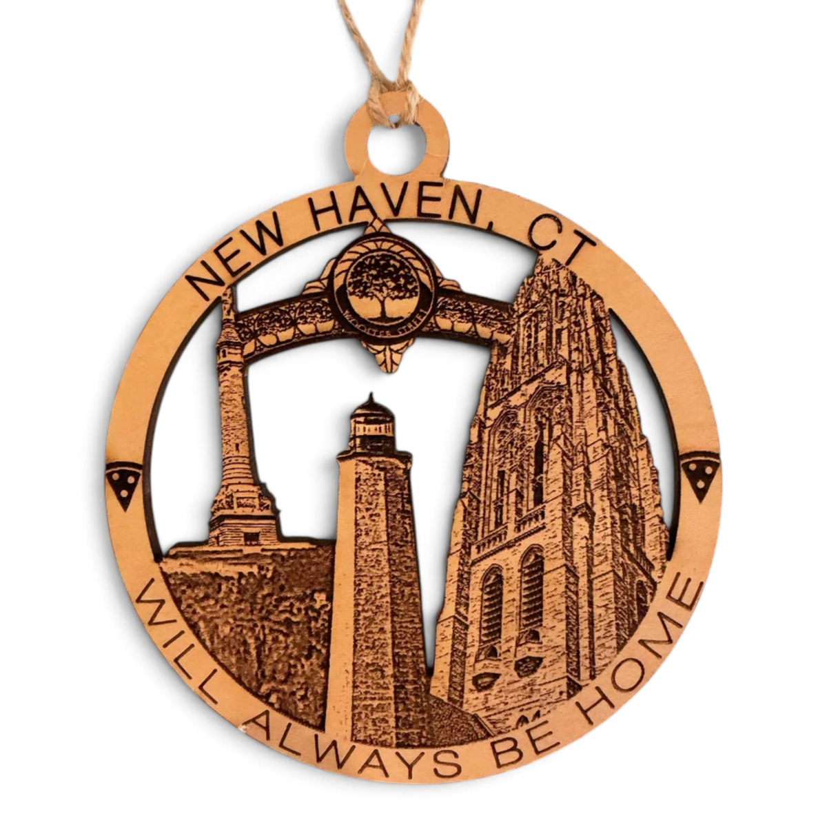 Mellow Monkey wooden ornament featuring New Haven landmarks like Harkness Tower and the Wooster Street Archway.