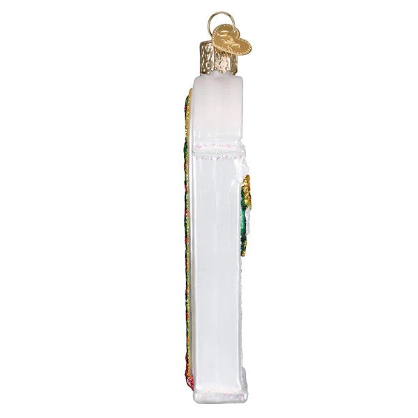 Mellow Monkey New Home Old World Christmas blown glass ornament, 4.25-in, white house with glittery wreath and garland.