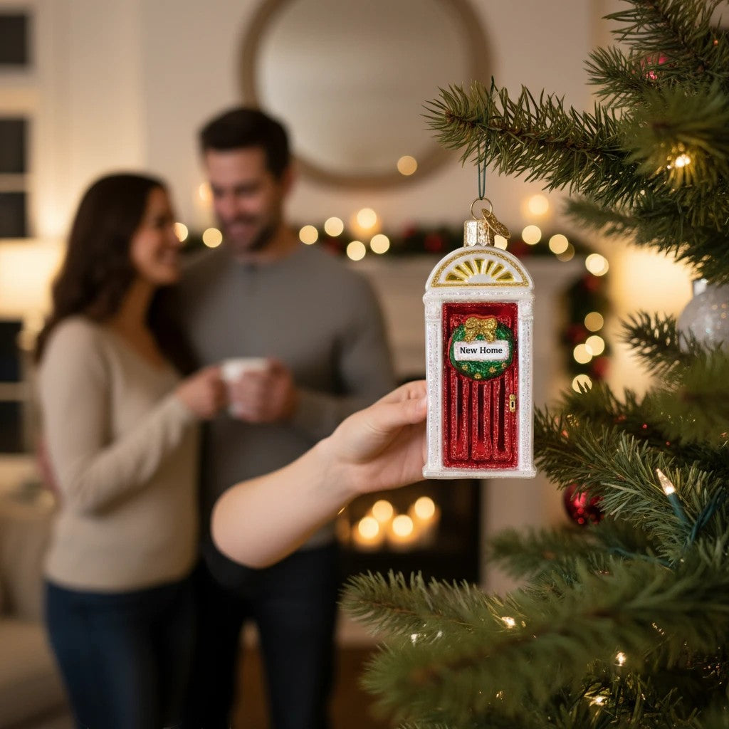 Mellow Monkey New Home blown glass holiday ornament, shaped like a red door with a wreath and "New Home" sign.