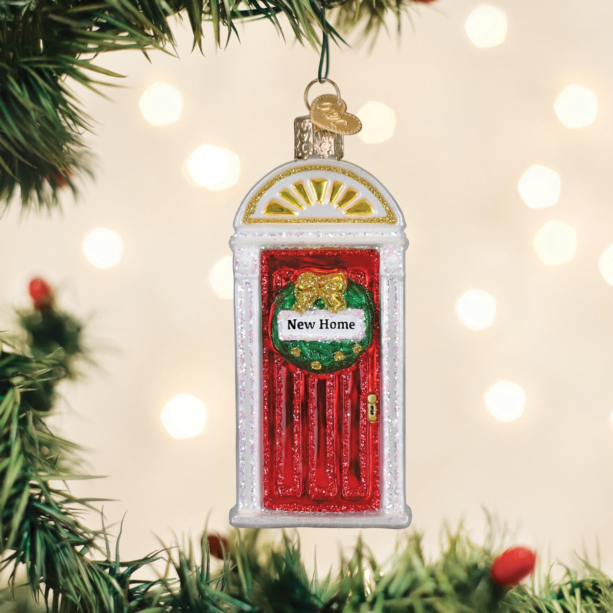 Mellow Monkey New Home blown glass holiday ornament, red door with wreath and "New Home" sign, 4.25-in