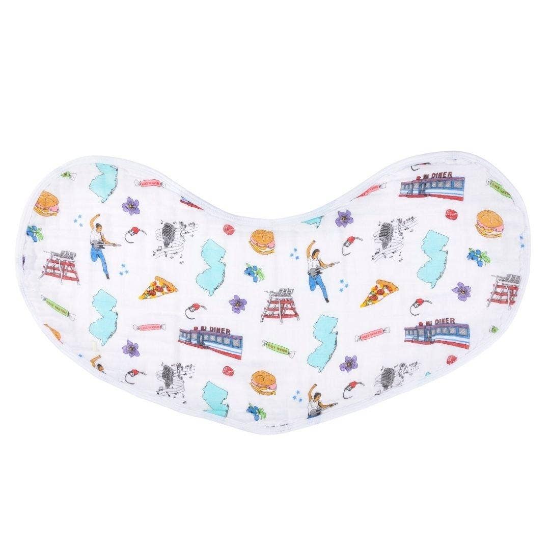 Mellow Monkey New Jersey themed 2-in-1 bamboo and cotton baby burp cloth and bib with colorful state icons.