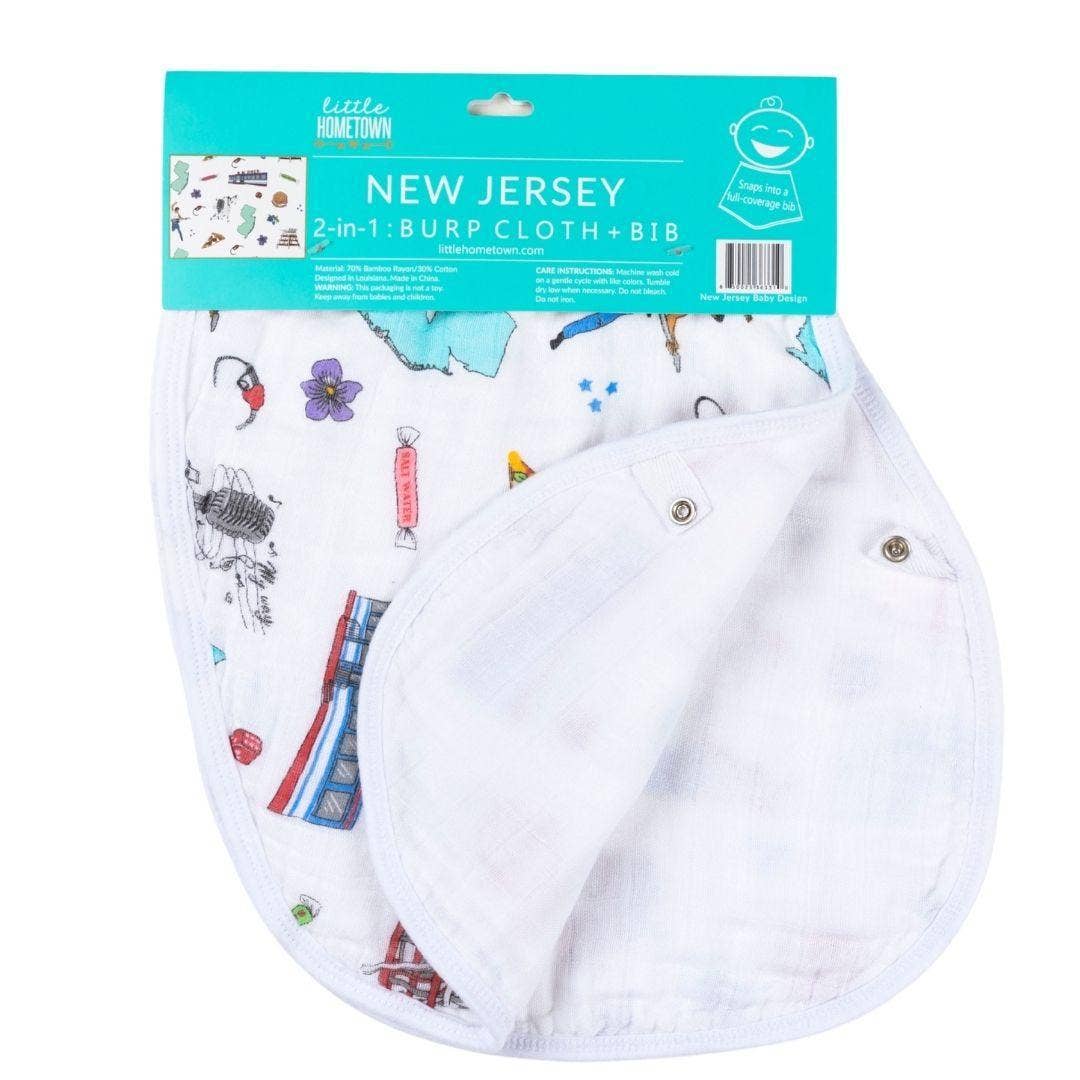 Mellow Monkey New Jersey themed 2-in-1 baby burp cloth and bib in soft bamboo rayon and cotton with snap closures.