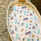 Mellow Monkey New Jersey themed muslin swaddle blanket with diner, beach, and music icons on bamboo cotton blend