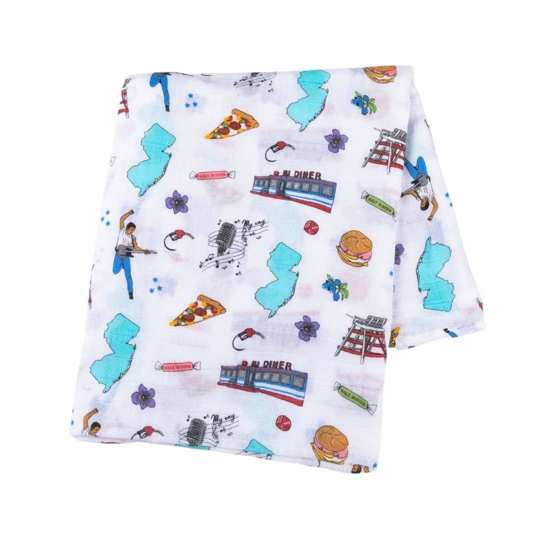 Mellow Monkey New Jersey themed baby swaddle blanket in soft bamboo cotton with colorful state and diner icons.