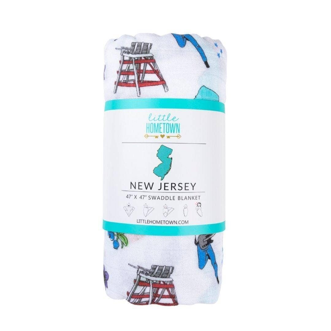 Mellow Monkey New Jersey themed baby muslin swaddle blanket featuring state icons on soft bamboo cotton blend fabric.
