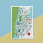 Mellow Monkey New York City illustrated map postcard featuring Manhattan, Brooklyn, Queens, and The Bronx with iconic landmarks.