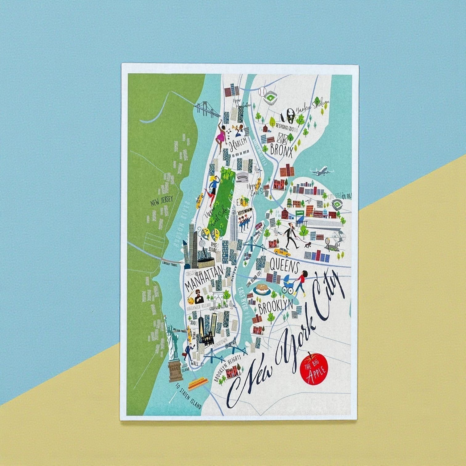 Mellow Monkey New York City illustrated map postcard featuring Manhattan, Brooklyn, Queens, and The Bronx with iconic landmarks.