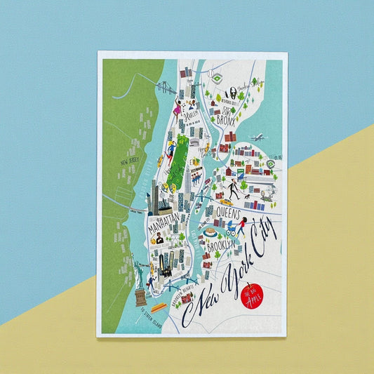 Mellow Monkey New York City illustrated map postcard featuring Manhattan, Brooklyn, Queens, and The Bronx with iconic landmarks.