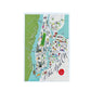 Mellow Monkey New York City map postcard featuring Manhattan, Brooklyn, Queens, and The Bronx with illustrations of landmarks and people.