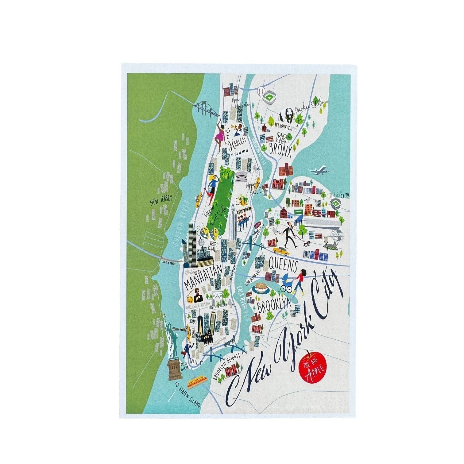 Mellow Monkey New York City map postcard featuring Manhattan, Brooklyn, Queens, and The Bronx with illustrations of landmarks and people.