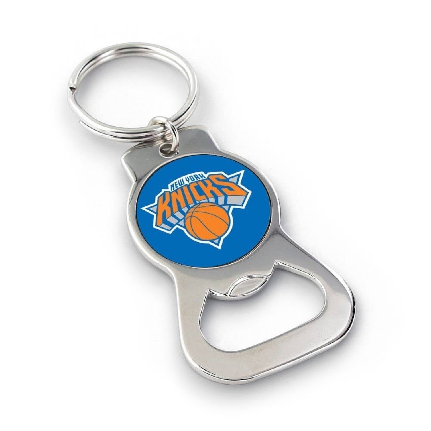 Mellow Monkey NBA New York Knicks metal bottle opener keychain with team logo on a blue circular background