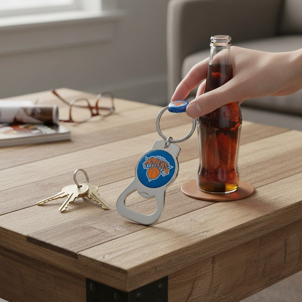 Mellow Monkey NBA New York Knicks metal bottle opener keychain being used to open a glass soda bottle on a wooden table
