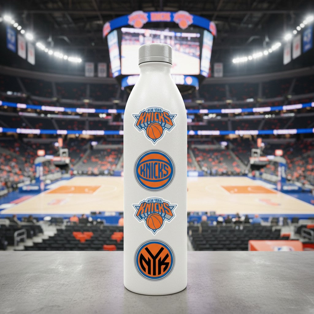 Mellow Monkey New York Knicks quad decal set applied to a white water bottle in a basketball arena background.