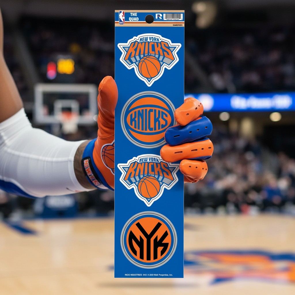 Mellow Monkey New York Knicks quad decal sheet featuring four die-cut team logo stickers in orange and blue