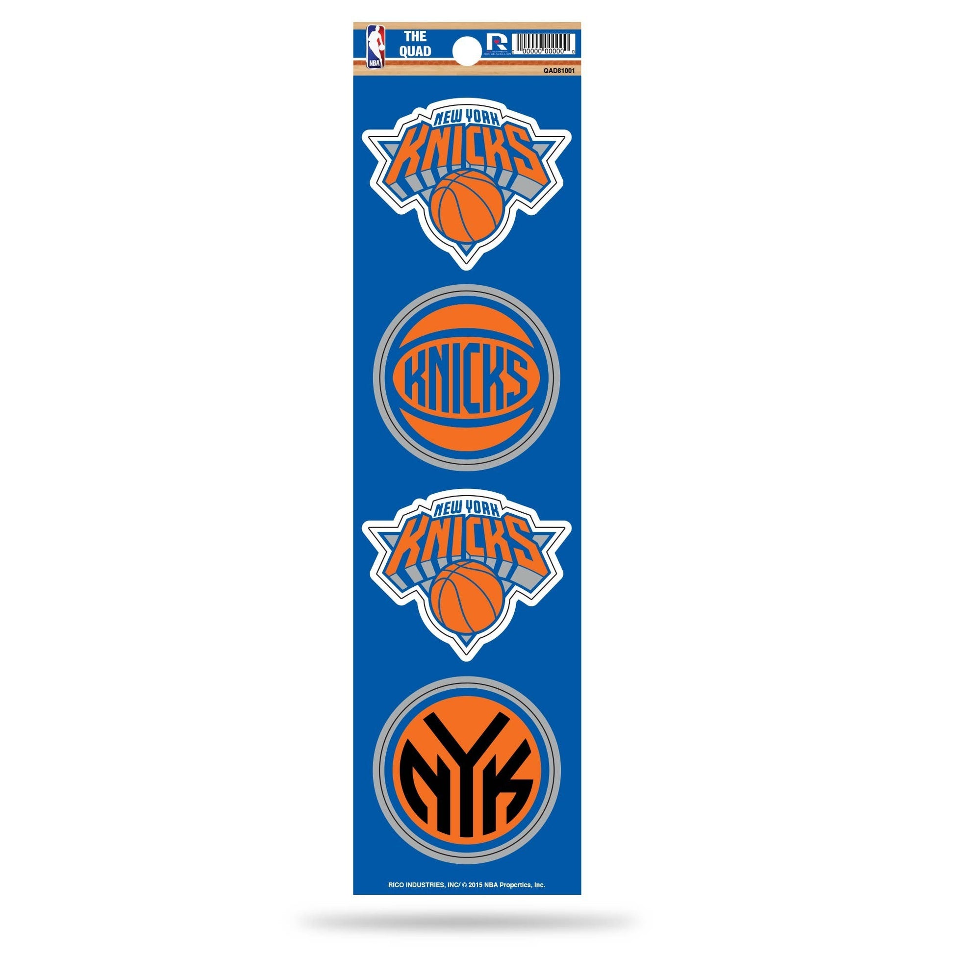 Mellow Monkey NBA New York Knicks quad decal sheet featuring four die-cut team logo stickers in blue and orange.